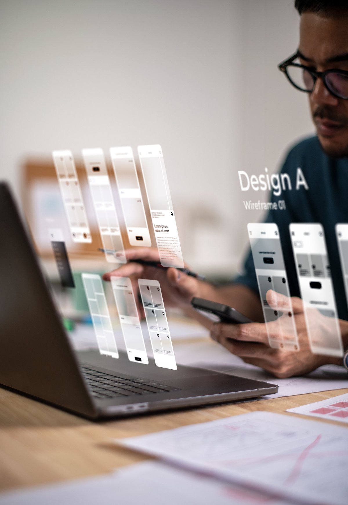 Ontwerper werkt aan een website prototype in een UX/UI design sessie